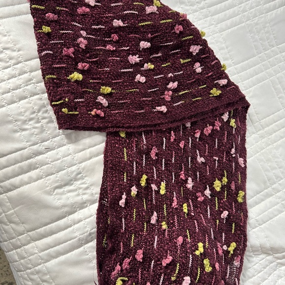 Accessories - Burgundy Knit Scarf with Pink and Green Accents